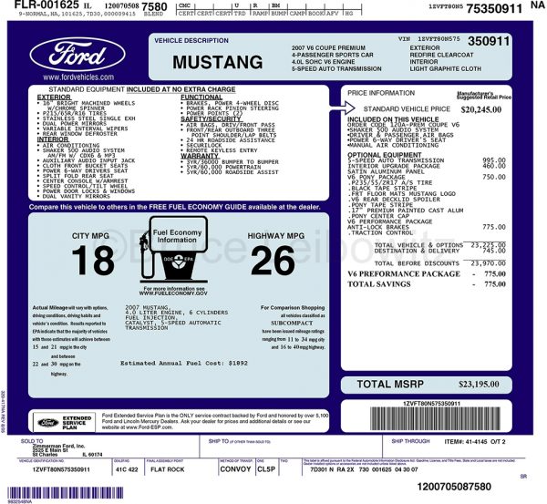 2007 Mustang window sticker