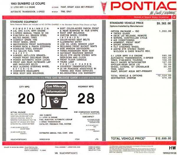 1993 Pontiac Sunbird Windows Sticker